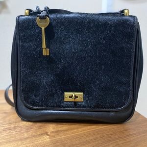 Fossil Hair Calf Black Leather Cross Body Bag